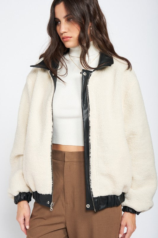 Faux Leather Sherpa Bomber Jacket