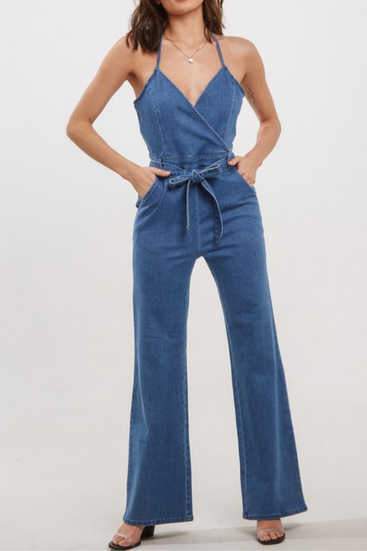 Denim Halter Jumpsuit Frynge Boutique